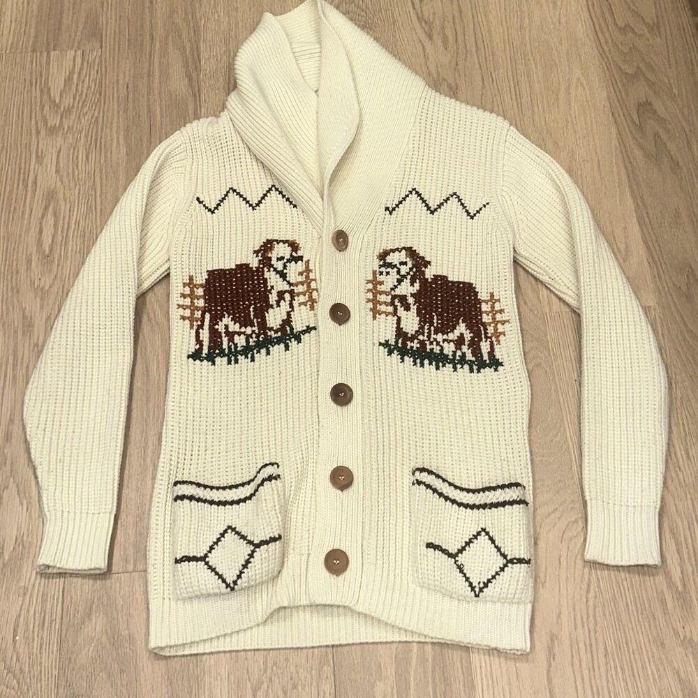 Vintage 60s 70s C&A Cowichan Cardigan Sweater Dog Knit Design Large Acrylic 70s